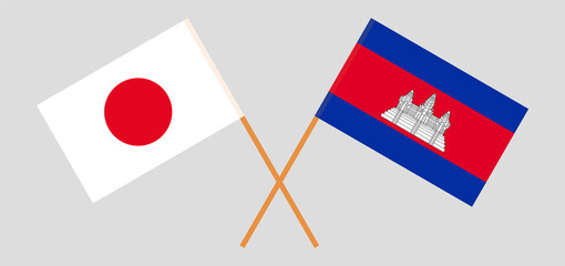 Crossed flags of Japan and Cambodia. Official colors. Correct proportion