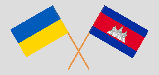 Crossed flags of Ukraine and Cambodia. Official colors. Correct proportion