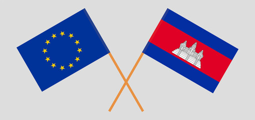 Crossed flags of the European Union and Cambodia. Official colors. Correct proportion