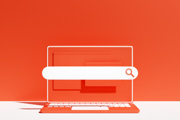 3D colorful illustration of a modern laptop with an information search bar on a  rd background. 