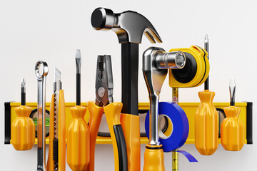 Various working tools for construction, repair. Screwdriver, level, electrical tape, hammer, knife, scissors, wrench, etc. 3D illustration