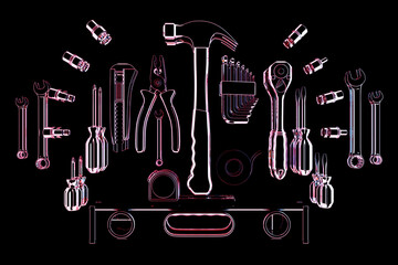 Construction tool shop service concept. Glass set of all tools for home repair builder on a monocrome background. 3d illustration