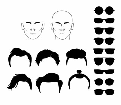 Different hipster style haircuts and glasses isolated on white. Man face icon set