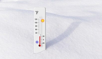 White fahrenheit scale thermometer in the snow. Ambient temperature plus 20 degrees