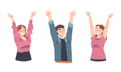 Happy Young People Character with Their Hands Raised Up Vector Set