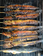Top view of grilled catfish on charcoal stove.