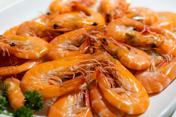Cooked fresh shrimp dish in restaurant