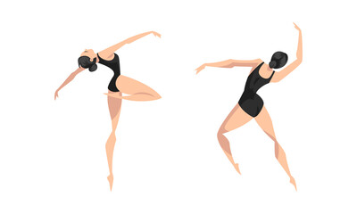 Female Ballet Dancer Dancing in Black Leotard Vector Set