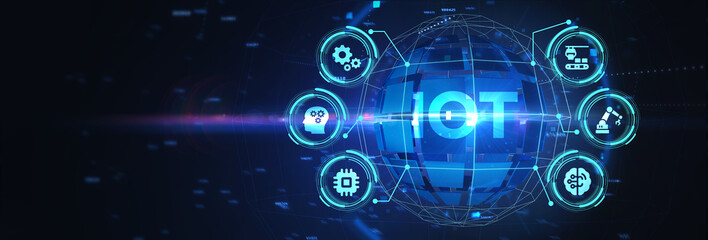 Obraz premium Internet of things - IOT concept. Businessman offer IOT products and solutions. 3d illustration