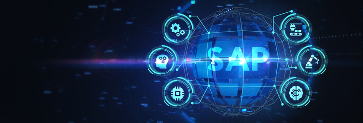 SAP System Software Automation concept on virtual screen data center. Business, modern technology, internet and networking concept. 3d illustration