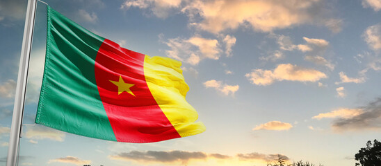 Cameroon national flag cloth fabric waving on the sky - Image
