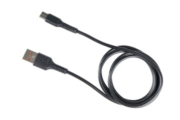 USB cable isolated on white background. Mobile phone charging cable. Black USB cable for charging a smartphone isolated