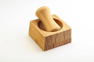 Wooden mortar for kitchen isolated