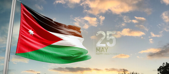 Jordan national flag cloth fabric waving on the sky - Image