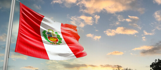 Peru national flag cloth fabric waving on the sky - Image - obrazy, fototapety, plakaty