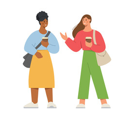 Happy friends are walking around with coffee and talking. African American woman is seeing a friend. Concept of friendship, teamwork. Flat vector illustration on white background.