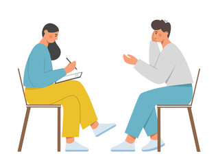 Woman psychologist conducts a session with a client. She takes notes and listens to the patient. Psychotherapeutic consultation. Mental health and wellness concept. Flat vector illustration.