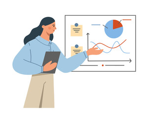 An office worker speaks at a business meeting and shows a presentation on the board. Concept of business projects. Flat vector illustration on white background.