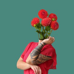 Tattooed woman with bouquet of beautiful dahlia flowers instead of her head on green background