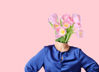 Woman with bouquet of beautiful tulips instead of her head on pink background