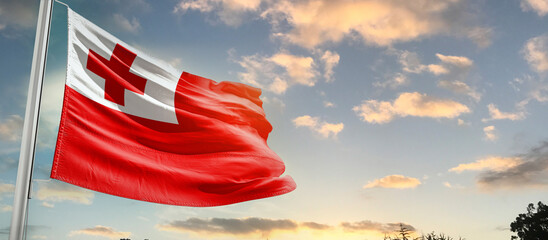 Tonga national flag cloth fabric waving on the sky - Image