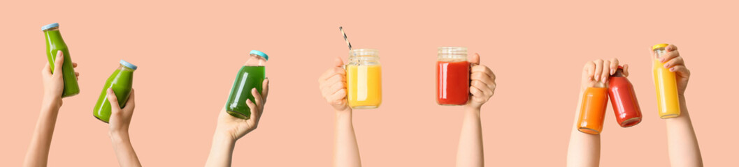 Female hands with different healthy smoothies on color background