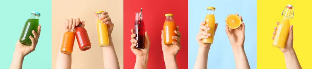 Female hands with different healthy smoothies in bottles on colorful background