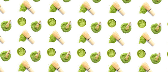 Powdered matcha tea and chasen on white background