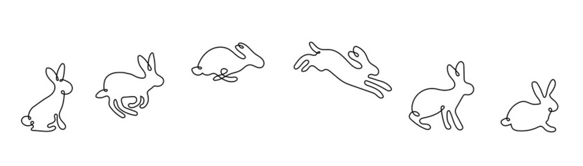 A set of rabbit jump phases. The hare is sitting, preparing to jump, jumping, landing. Linear, black and white vector illustration in doodle style © Natika_art