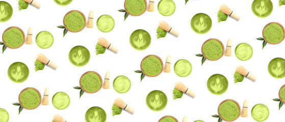 Powdered matcha tea and chasen on white background