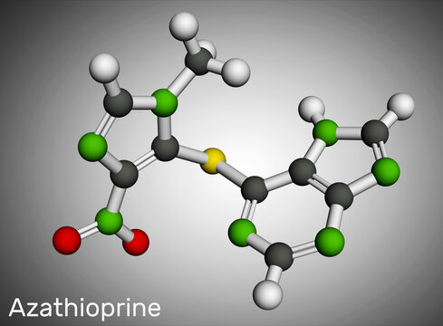 Azathioprine, AZA molecule. It is mmunosuppressive agent, medication. Molecular model