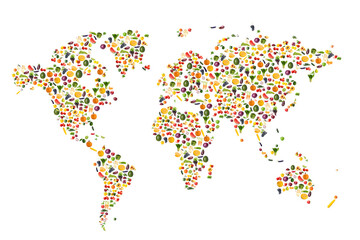 World map made of fresh fruits and vegetables on white background