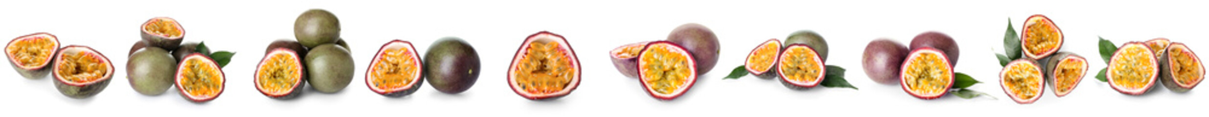 Set of delicious passion fruit on white background