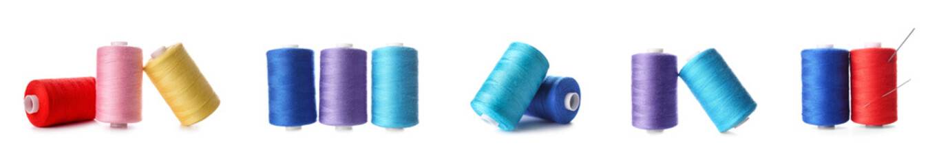 Set of sewing threads on white background