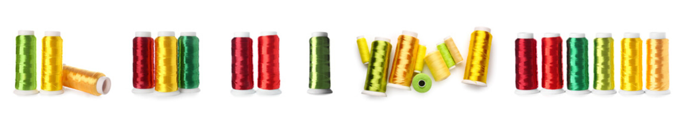 Set of bright sewing threads on white background