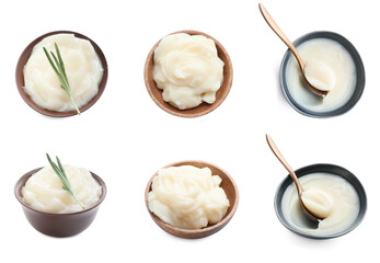 Set of lard in bowls isolated on white