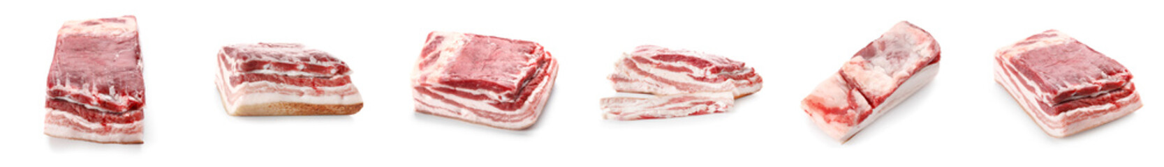 Set of uncooked bacon on white background