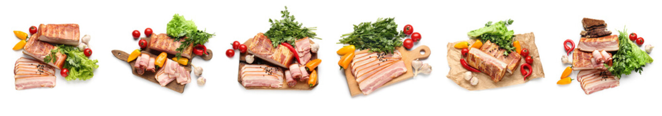 Tasty smoked bacon with herbs and vegetables on white background