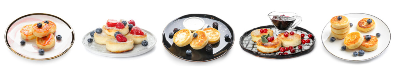 Sweet cottage cheese pancakes with berries on white background