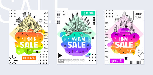 Summer sale posters with tropical ocean animals and color geometric and fluid shapes. Vector special offer flyers with trendy abstract pattern and hand drawn palm leaf, sea sponge and coral