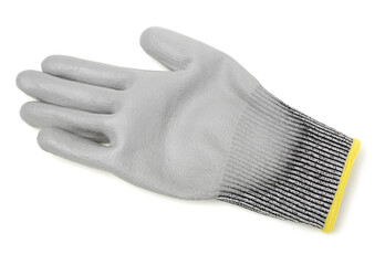 Pair of gray textile work gloves with protective rubber layer isolated on white background with soft shadow 