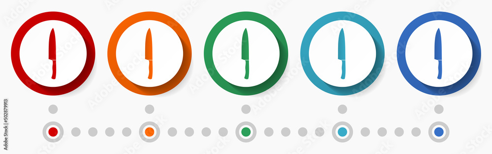 Aufkleber knife, kitchen concept vector icon set, infographic template, flat design colorful web buttons in 5 