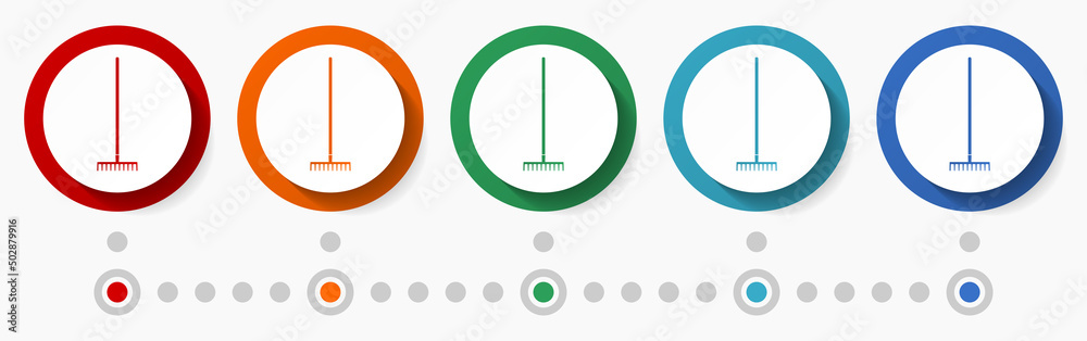 Aufkleber rake, raking concept vector icon set, infographic template, flat design colorful web buttons in 5 co