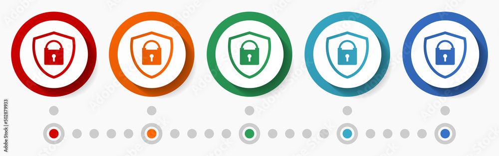 Aufkleber Shield, security concept vector icon set, infographic template, flat design circle colorful web buttons in 5 color options