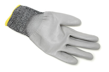 Pair of gray textile work gloves with protective rubber layer isolated on white background with soft shadow 