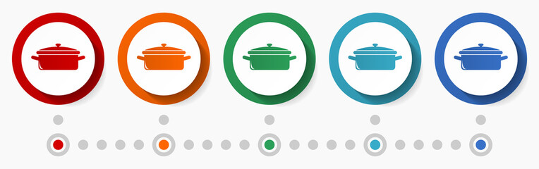 Cook, food concept vector icon set, infographic template, flat design circle colorful web buttons in 5 color options