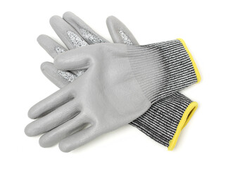 Pair of gray textile work gloves with protective rubber layer isolated on white background with soft shadow 