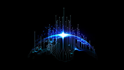 Futuristic blue digital matrix cyber. Blockchain technology background. Digital matrix particles grid virtual reality abstract cyber space environment background.