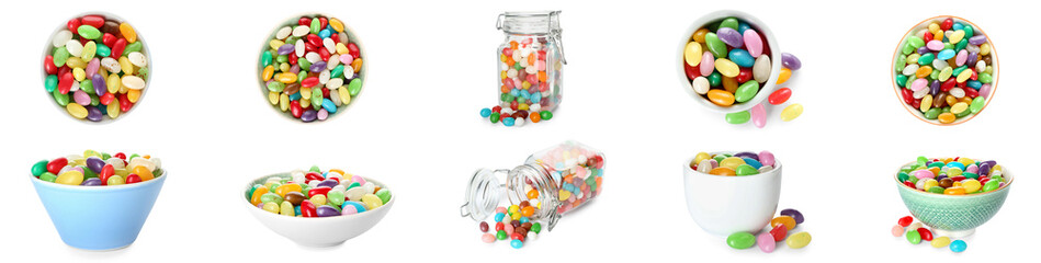 Set of colorful jelly beans on white background