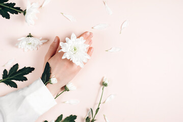 Close-up of beautiful sophisticated female hand with fresh white flowers on pink color background wall in studio. Concept hand care, anti-wrinkle, anti-aging cream. Flat lay, top view, copy space